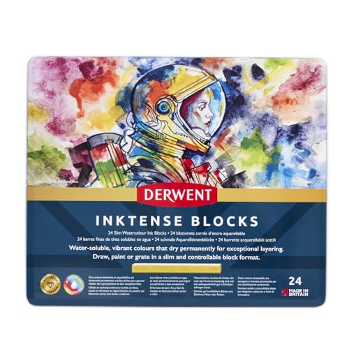 Derwent Inktense 24 Tintenblöcke, Set mit 24 Wasserfarben, Breite 8 mm, wasserlöslich, ideal zum Zeichnen, Ausmalen, Basteln und Malen auf Papier und Stoff, professionelle Qualität (2300443) von Derwent