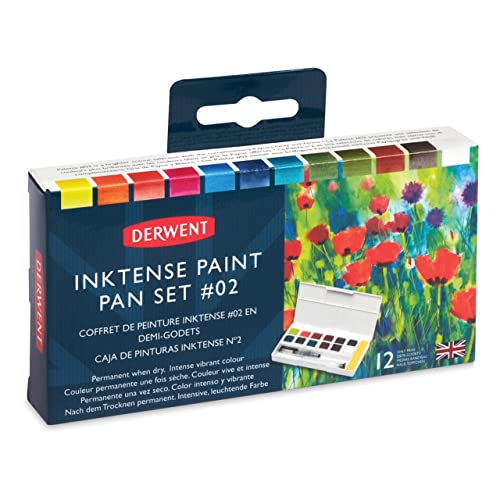 Derwent Inktense 12 Farbtöpfchen #2, 12er Set, halbe Töpfchengröße, wasserlöslich, ideal zum Malen und Basteln auf Papier und Stoff, professionelle Qualität, Reisegröße (2305789) von Derwent