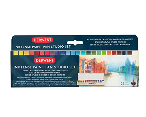 Derwent Inktense 24 Farbtöpfchen, halbe Töpfchengröße, wasserlöslich, ideal zum Malen und Basteln auf Papier und Stoff, professionelle Qualität, Reisegröße (2305545), 1 Stück (1er Pack) von Derwent