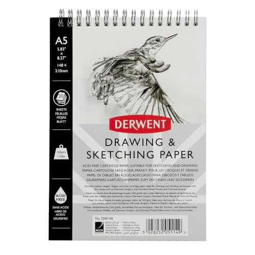 Derwent Skizzenblock, A5 Hochformat, Zeichnen & Schreiben, 30 Blatt, Säurefreies Papier, Spiralgebundener Buchrücken, Professionelle Qualität, 2300140 von Derwent