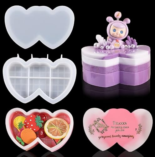 DeryArcle 2 Stück Epoxidharz Formen Dose Herz, Silikonform Aufbewahrungsbox Mit Deckel, Harzform Gießform Schachtel Heart Resin Box Mold für DIY Schmuck Süßigkeiten Behälter Dekor von DeryArcle