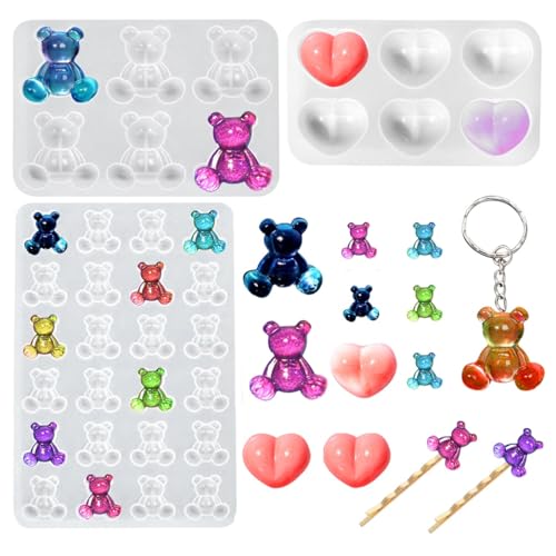 DeryArcle 3 Stück Epoxidharz Form Bär, Silikonform Schmuck Herz Mini Teddybär Gießform Kristall Kleine Harzform Bear Jewelry Mold für DIY Charme Ohrringe Handyhülle Haarspange Dekor von DeryArcle