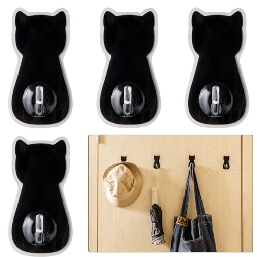 DeryArcle 4 Stück Katze Wandhaken, Schwarz Tiere Klebehaken Niedliche Selbstklebend Schlüsselhaken Kleiderhaken Kunststoff Cat Hooks für Robe Mantel Hüte Handtuch Taschen (Typ B) von DeryArcle