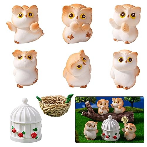 DeryArcle 8 Stück Eulen Figuren Klein, Mini Vogelnest Skulptur Ornamente Vögel Tier Harz Statue Miniature Owl Figurines für Fee Garten Terrasse Blumentöpfe Landschaft Bonsai Dekor (Typ A) von DeryArcle
