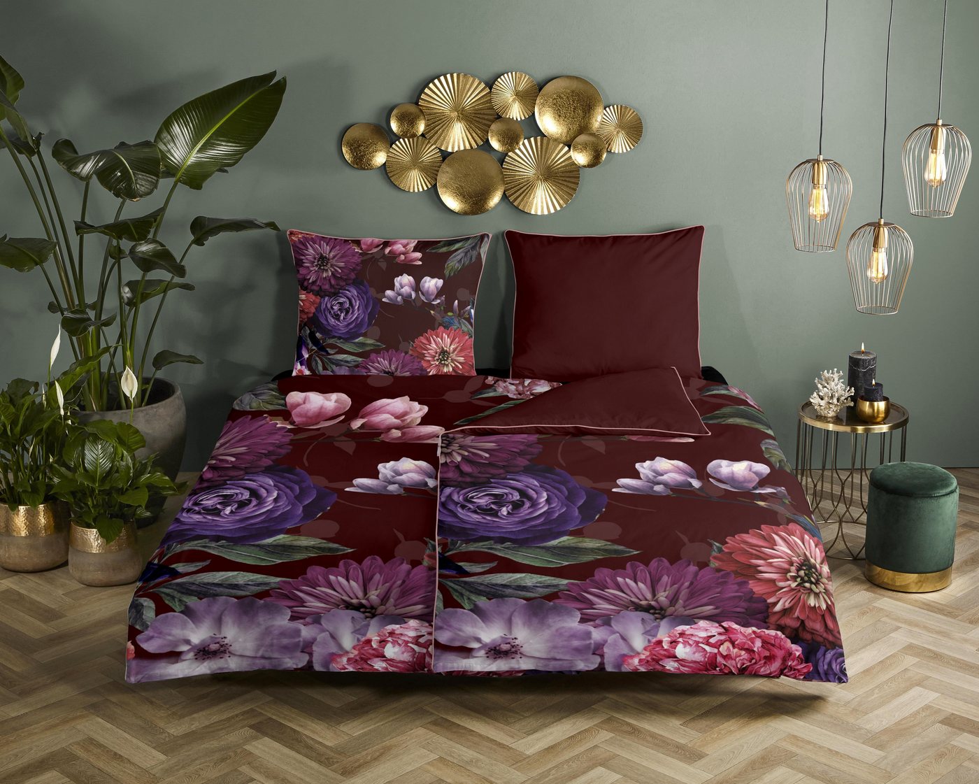 Bettwäsche Mako Satin 2tlg 135 X 200 cm + 1- 80 X 80 cm Bloomie Bordeaux Bet, Descanso, Baumolle, 2 teilig, Bettbezug Kopfkissenbezug Set kuschelig weich hochwertig von Descanso