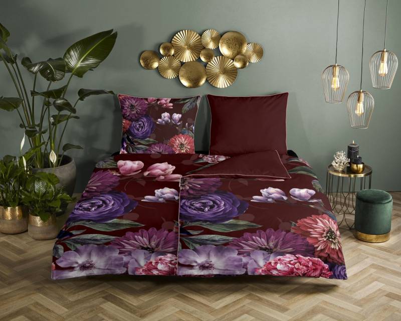 Bettwäsche Mako Satin 2tlg 135 X 200 cm + 1- 80 X 80 cm Bloomie Bordeaux Bet, Descanso, Baumolle, 2 teilig, Bettbezug Kopfkissenbezug Set kuschelig weich hochwertig von Descanso