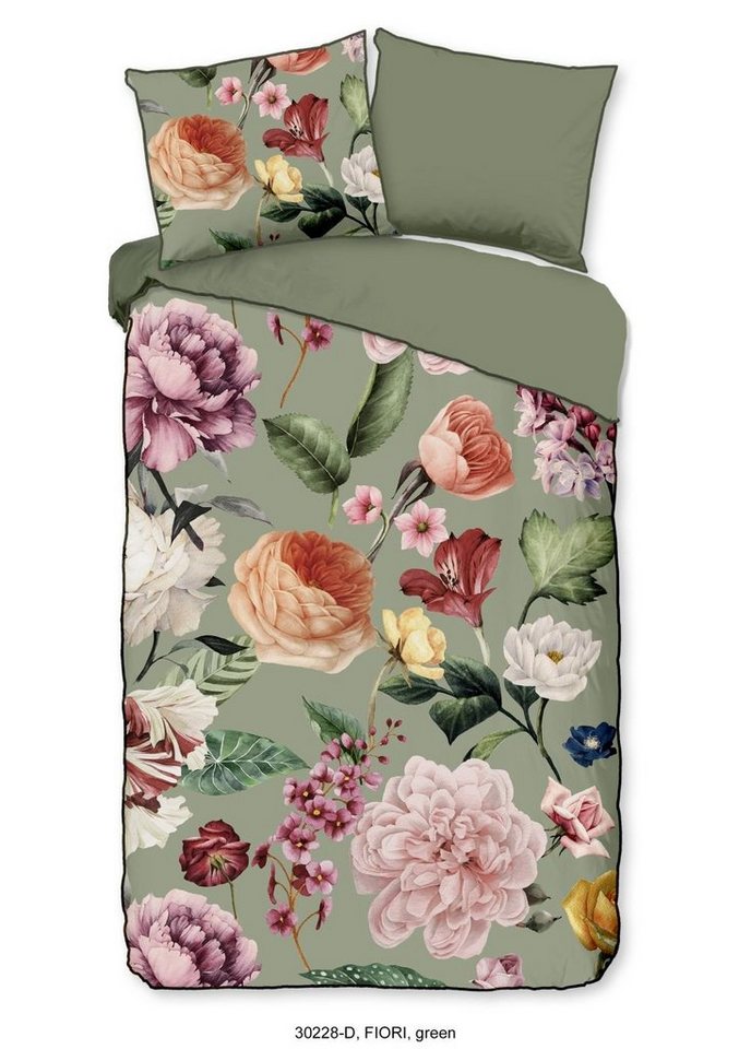 Bettwäsche Mako Satin 2tlg 135 X 200 cm + 1- 80 X 80 cm Fiori Green Bettwäsc, Descanso, Baumolle, 2 teilig, Bettbezug Kopfkissenbezug Set kuschelig weich hochwertig von Descanso