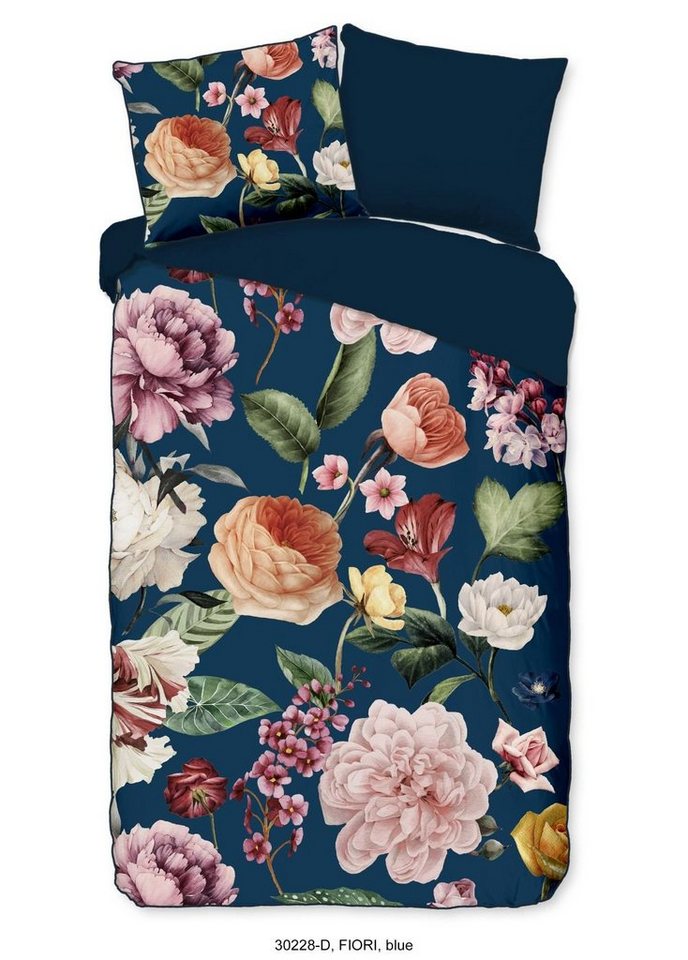 Bettwäsche Mako Satin 2tlg 155 X 220 cm + 1- 80 X 80 cm Fiori Blue Bettwäsch, Descanso, Baumolle, 2 teilig, Bettbezug Kopfkissenbezug Set kuschelig weich hochwertig von Descanso