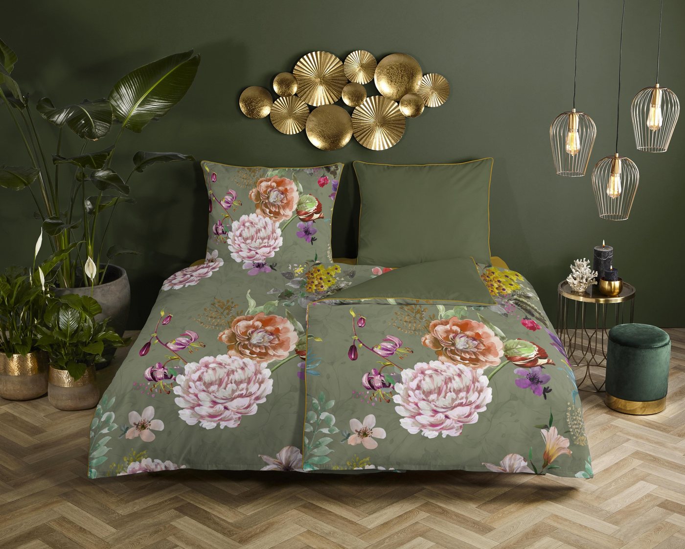 Descanso Bettwäsche Mako Satin 3tlg 200 X 200 cm + 2- 80 X 80 cm Parma Green Bettwäsc, Bettbezug Kopfkissenbezug Set kuschelig weich hochwertig von Descanso