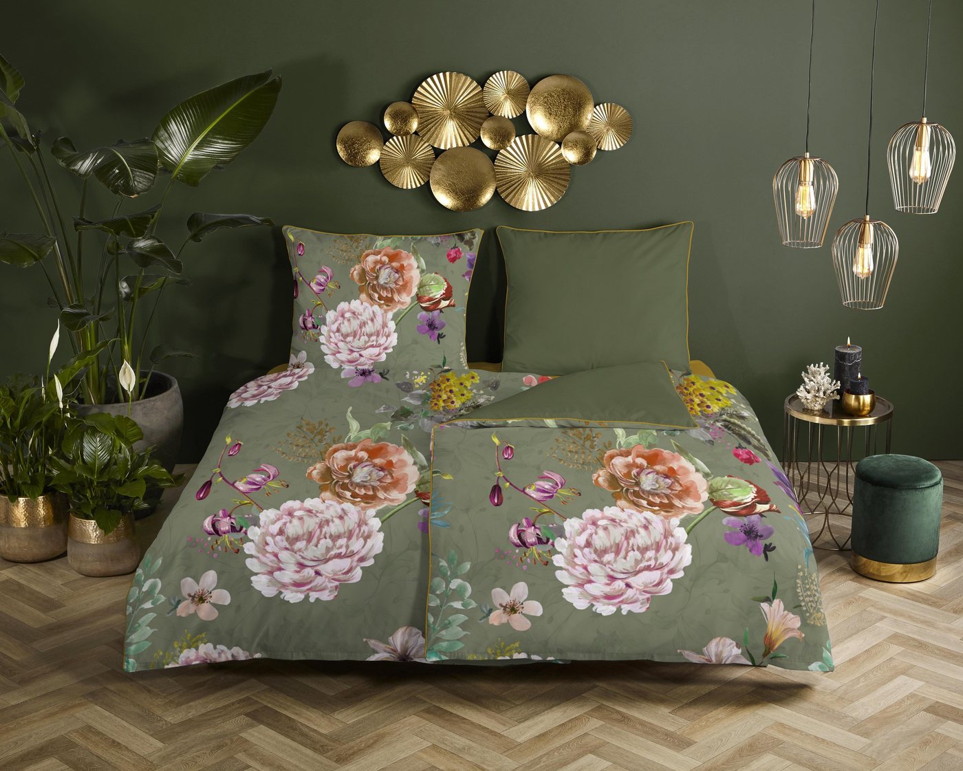 Bettwäsche Mako Satin 3tlg 200 X 200 cm + 2- 80 X 80 cm Parma Green Bettwäsc, Descanso, Baumolle, 3 teilig, Bettbezug Kopfkissenbezug Set kuschelig weich hochwertig von Descanso