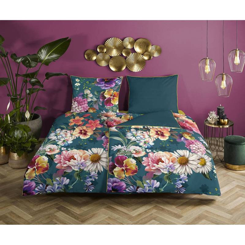 home24 Bettwäsche Novara 155 x 200 cm + Kissen 80 x 80 cm Beige/Petrol von home24