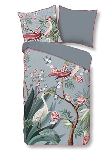 Descanso Sarenza Organic Cotton Satin Bed Linen, Grey, 135 x 200 cm + 1-80 x 80 cm, Pattern: Flowers and Leaves von Descanso