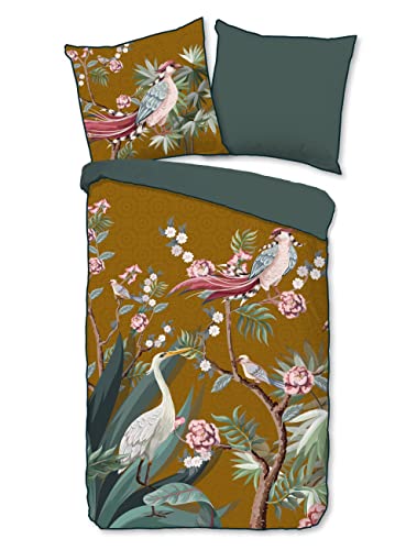 Descanso Sarenza Organic Cotton Satin Bedding Set with Duvet Cover 135 x 200 cm + 1-80 x 80 cm Pattern: Floral Animals and Leaves von Descanso