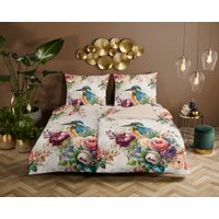 Descanso Wendebettwäsche "Verde" 2 Stk. tlg. Mako Satin, 135x200, Biese, Reißverschluss, Wendeoptik, Blumen, Sand von Descanso