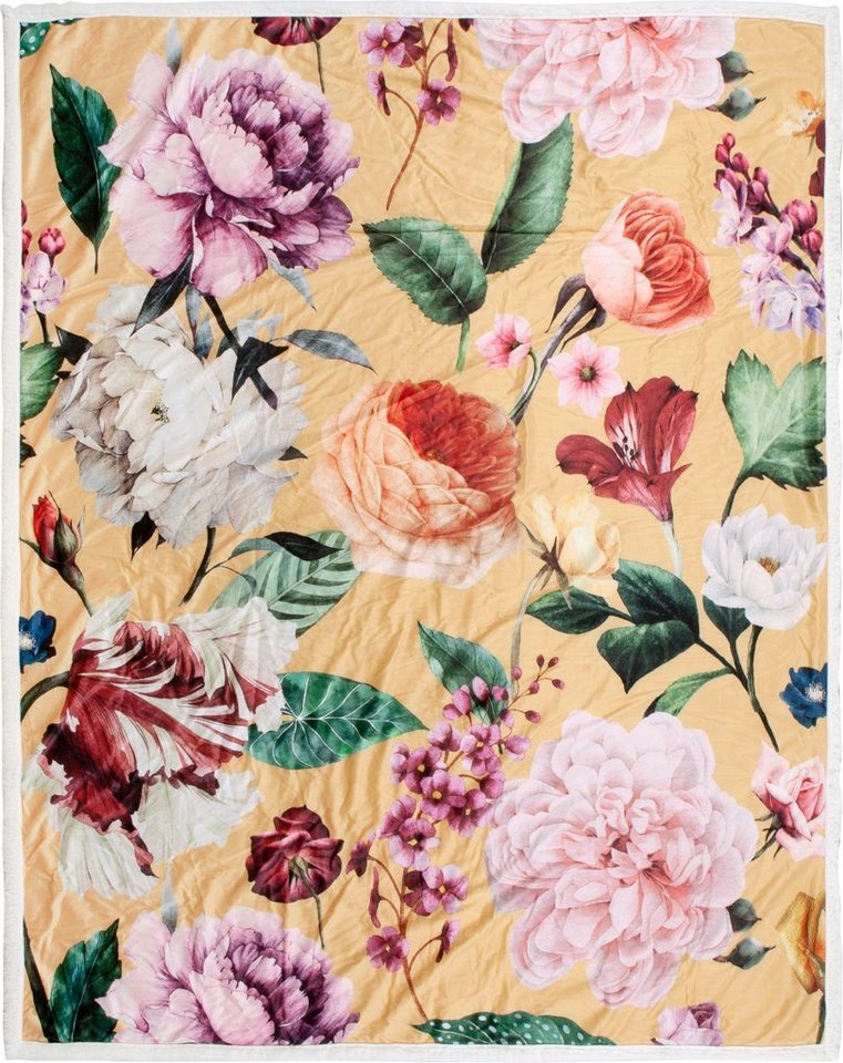 Plaid Fiori, Descanso, Sehr Weich, Kuscheldecke, 130x160 cm, Wendeoptik, Blumen, Sand von Descanso