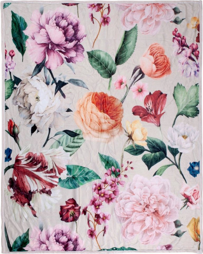 Plaid Fiori, Descanso, Sehr Weich, Kuscheldecke, 130x160 cm, Wendeoptik, Blumen, Sand von Descanso
