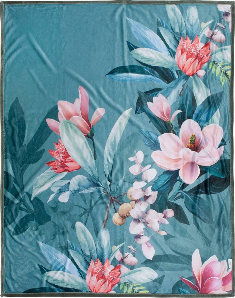 Plaid Parler, Descanso, Sehr Weich, Kuscheldecke, 130x160 cm, Wendeoptik, Blumen, Grün von Descanso