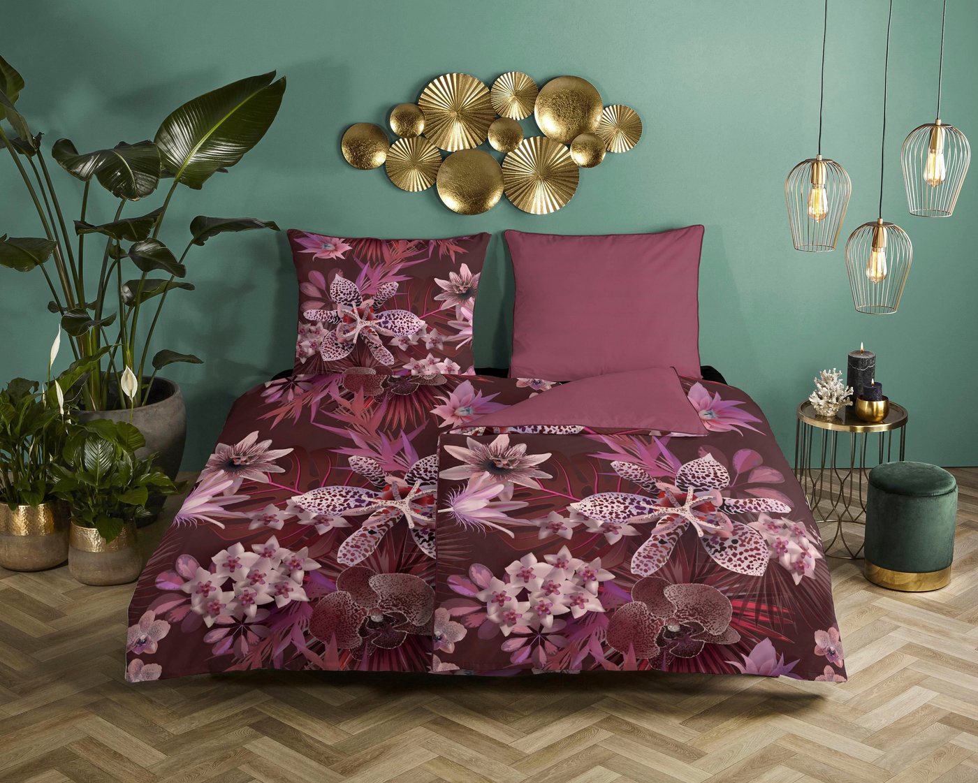 Descanso Wendebettwäsche Farze, Satin (Bio-Baumwolle), 2 teilig, Baumwolle, Mako Satin, 135x200, Biese, Reißverschluss, Wende, Blumen von Descanso
