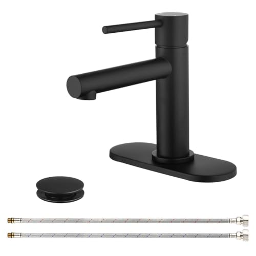 Deseegoal Badezimmer-Wasserhahn, Edelstahl, Einhandspüle mit Kupfer-Pop-Up-Ablauf, Spülbecken, 1 Loch/3 Löcher, Waschtisch, Mattschwarz von Deseegoal