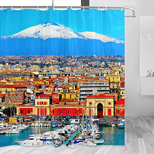 Italien Mount Etna Catania Sizilien Duschvorhang Reise Badezimmer Dekor Set mit Haken Polyester 183 x 183 cm (YL-03178) von Desert Eagle