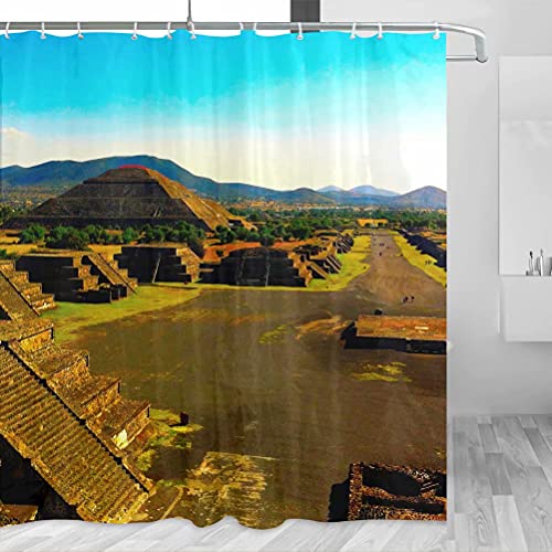 Mexico Teotihuacan Duschvorhang Azteken-Pyramiden Reise Badezimmer Dekor Set mit Haken Polyester 183 x 183 cm (YL-03949) von Desert Eagle
