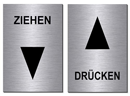 2er Set-Drücken-Ziehen Symbol-Laden-Geschäft-Schild 150 x 100 x 3 mm-Aluminium Edelstahloptik silber mattgebürstet Hinweisschild-Warnschild (2er Set Nr. 9 = 2 Stk. mit Klebepats) von Desi-Schilder