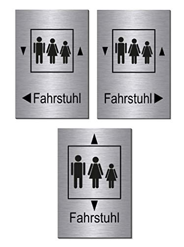 3er Set-Fahrstuhl-150 x 100 x 3 mm-Aluminium Edelstahloptik silber mattgebürstet Hinweisschild-(3er Set Nr. 27 mit Klebepads) von Desi-Schilder