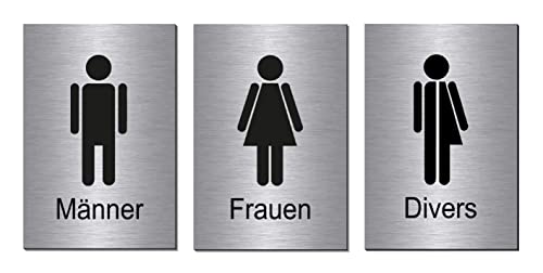 3er Set-Männlich-Weiblich-Divers-Toilette-Dritte Geschlecht-Toilettenschild-150 x 100 x 3 mm-Schild-Designschild-Aluminium-Edelstahloptik-Hinweisschild (1905-49-50-109 mit Klebepads) von Desi-Schilder