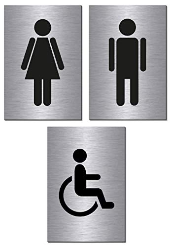 3er Set-Mann-Frau-Rollstuhl-Behinderte-Symbol-Toilette-Klo-WC-Schild 150 x 100 x 3 mm-Aluminium Edelstahloptik silber mattgebürstet Hinweisschild-Warnschild (3er Set Nr. 3 = 3 Stk. mit Klebepats) von Desi-Schilder