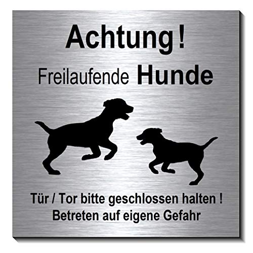 Achtung-Freilaufende-Hunde-Schild 100 x 100 x 3 mm-Aluminium Edelstahloptik silber mattgebürstet Hinweisschild-1910-66 von Desi-Schilder