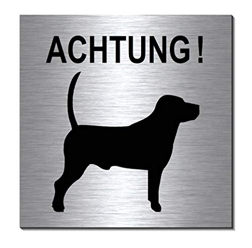 Achtung -Vorsicht-Hund-Schild 100 x 100 x 3 mm-Aluminium Edelstahloptik silber mattgebürstet Hinweisschild-1910-58 von Desi-Schilder