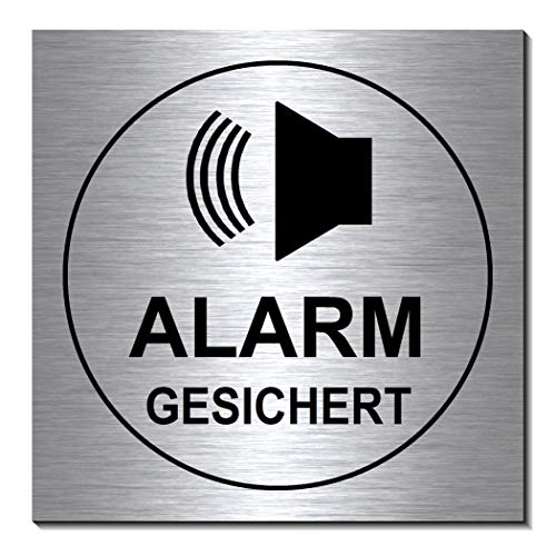 Alarmgesichert-Alarm-Schild 100 x 100 x 3 mm-Aluminium Edelstahloptik silber mattgebürstet-selbstklebend Warnschild-Videoschild-Hinweisschild 1910-70 von Desi-Schilder