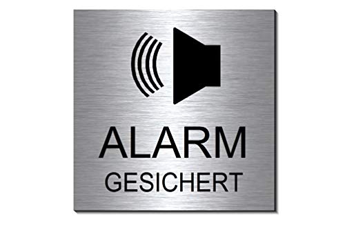 Alarmgesichert-überwacht-Symbol-Schild 100 x 100 x 3 mm-Aluminium Edelstahloptik silber mattgebürstet-selbstklebend Warnschild-Alarmschild-Hinweisschild 1910-32 von Desi-Schilder