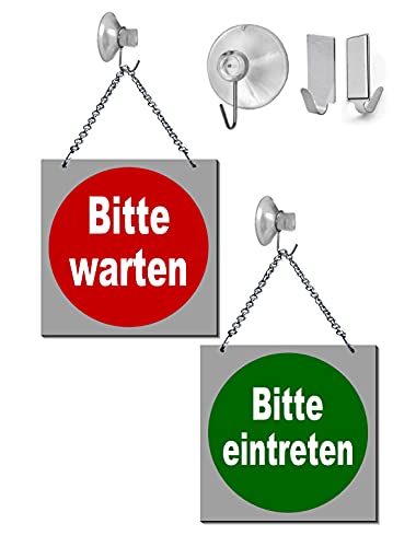 Bitte warten-Bitte eintreten-Wendeschild-150 x 150 x 2 mm-Hängeschild-Schild-Aluminium-Mit Kettchen, Saughaken od. Klebehaken (139-22 mit Klebehaken) von Desi-Schilder
