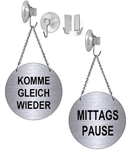 Desi-Schilder Mittagspause-Komme gleich Wieder-Alu.-Edelstahloptik-Wendeschild-Infoschild-Hängeschild-Schild-130 mm Ø-Mit Kettchen (139-15 - mit Saughaken) von Desi-Schilder