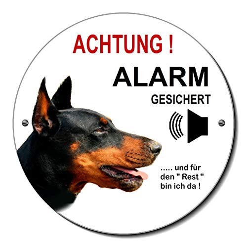 Dobermann-Alarm-Überwachung-Rund-Schild-120 mm Ø - 3 mm Aluminium Verbund-Hund-Tierschild-Warnschild-Hinweisschild (1457-5 mit Löcher) von Desi-Schilder