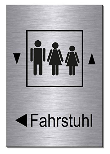Fahrstuhl Pfeil links 150 x 100 x 3 mm-Aluminium Edelstahloptik silber mattgebürstet Hinweisschild (1905-65 mit Klebepads) von Desi-Schilder