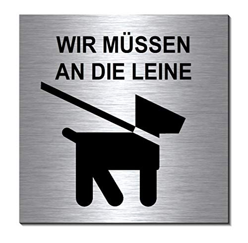 Hund an die Leine-Schild 100 x 100 x 3 mm-Aluminium Edelstahloptik silber mattgebürstet Hinweisschild-1910-56 von Desi-Schilder