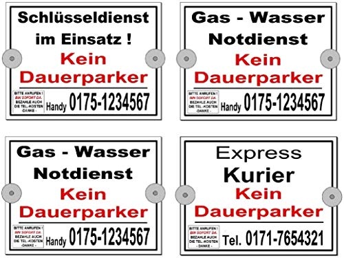 Kein Dauerparker-Schild für die Auto-Innenscheibe-mit Haftsauger+Aufdruck Ihrer Tel.-Nr. -Aluminium Verbund-20 x 15 od. 30 x 20 cm-Warnschild-Hinweisschild-Autoschild (Gas-Wasser 30 x 20 cm) von Desi-Schilder