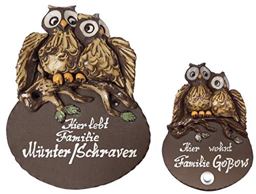 Keramikschild-2 Eulen-Türschild-Klingelschild-Namensschild-Schild-2 Größen-Relief von Hand gefertigt-Incl. Beschriftung-Mit, oder ohne Klingel (6903=145 x 170 mm ohne Klingel) von Desi-Schilder