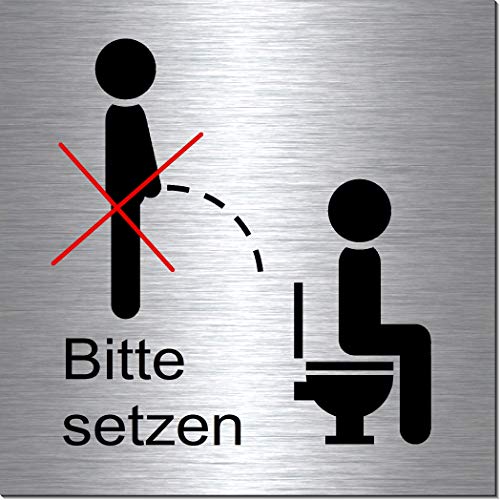 Nicht im Stehen pinkeln-Bitte setzen-Toilette-Bad-WC-Klo-Symbol-Schild 100 x 100 x 3 mm-Aluminium Edelstahloptik silber mattgebürstet Hinweisschild-Warnschild-1910-24 von Desi-Schilder
