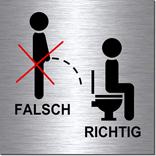 Nicht im Stehen pinkeln-Bitte setzen-Toilette-Bad-WC-Klo-Symbol-Schild 100 x 100 x 3 mm-Aluminium Edelstahloptik silber mattgebürstet Hinweisschild-Warnschild-1910-25 von Desi-Schilder