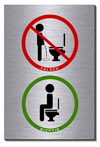 Nicht im stehen Pinkeln-Bitte setzen-Symbol-Schild 150 x 100 x 3 mm-Aluminium Edelstahloptik silber mattgebürstet Hinweisschild (1905-23 mit Klebepats) von Desi-Schilder