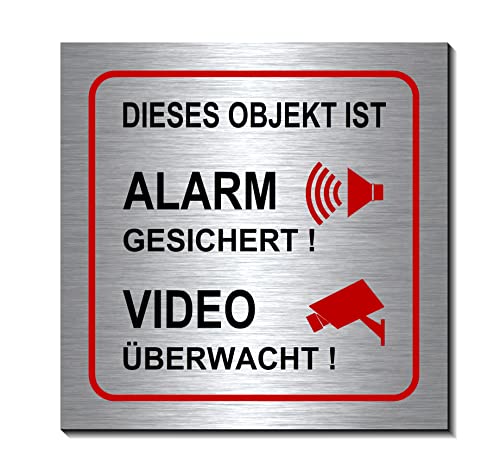 Objekt ist Alarm-Video-überwacht-100 x 100 x 3 mm-Schild-Alu. Edelstahloptik silber mattgebürstet-Warnschild-Videoschild-Hinweisschild (1915-7 = 20 x 20 cm mit 2 Löcher mittig) von Desi-Schilder