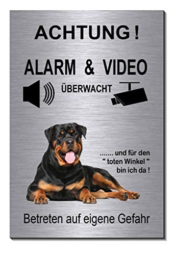 Rottweiler-Alarm-Video-Überwachung-Hund-15 x 10 cm-Schild-Hundeschild-Aluminium Edelstahloptik-Hunde-Tierschild-Warnschild-Hinweisschild (1905-72 mit Klebepads) von Desi-Schilder