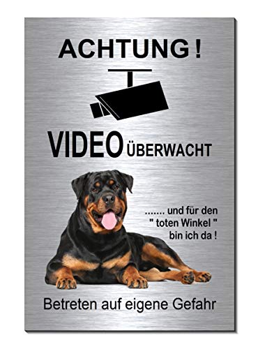 Rottweiler-Videowachung-Hund-200 x 300 x 3 mm-Video-Schild-Hundeschild-Aluminium Edelstahloptik-Hunde-Tierschild-Warnschild-Hinweisschild-(133-28 - Mit 4 Löcher) von Desi-Schilder