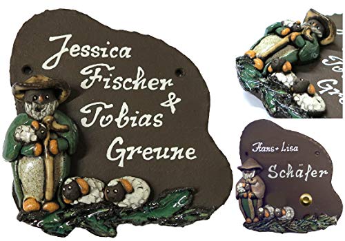 Schäfer mit Schafen-Familie-Keramikschild-Türschild-Klingelschild-Namensschild-Schild-160 x 160 mm-von Hand gefertigt-Incl. Beschriftung-Mit, oder ohne Klingel (6928 mit Text ohne Klingelkontakt) von Desi-Schilder
