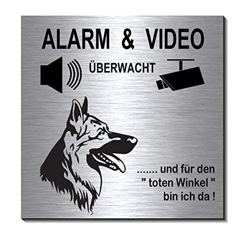 Schäferhund-Alarm-Video-Überwachung-Hund-10 x 10 cm-Schild-Hundeschild-Alu. Edelstahloptik-Hunde-Tierschild-Warnschild-Hinweisschild 1910-97 von Desi-Schilder