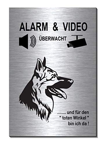 Schäferhund-Alarm-Video-Überwachung-Hund-15 x 10 cm-Schild-Hundeschild-Aluminium Edelstahloptik-Hunde-Tierschild-Warnschild-Hinweisschild (1905-88 -15 x 10 cm mit Klebepads) von Desi-Schilder
