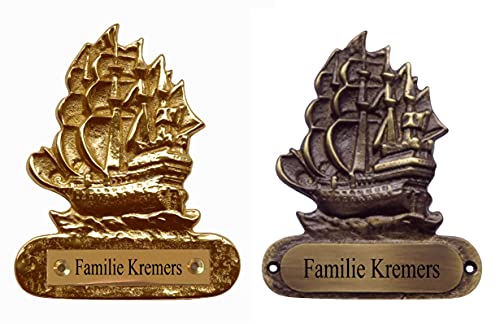 Segelschiff-Schweres Messing Namensschild-Schiff-Türschild-Schild-93 x 117 x 5 mm-Mit Schutzlack-Made in Germany (S11-W Messing poliert mit 1 Zeile Gavur) von Desi-Schilder